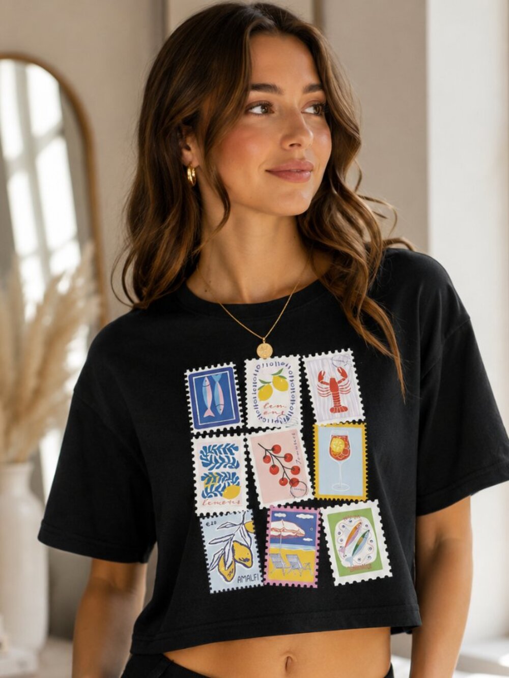 Active USA Black Postage Stamp Graphic Crop Top